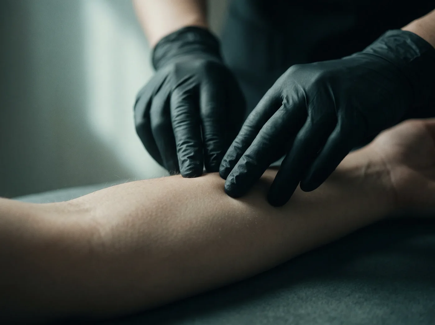 Close-up of the feather-light fingertip technique used in Vogel Method lymphatic drainage